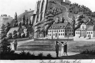 Meißen-Buschbad. Buschmühle (links) und Buschbad (Stadtarchiv Meißen)