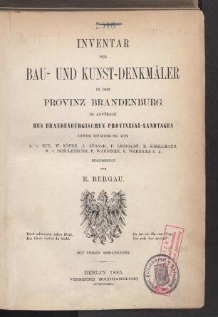 Inventar der Bau- und Kunstdenkmäler in der Provinz Brandenburg