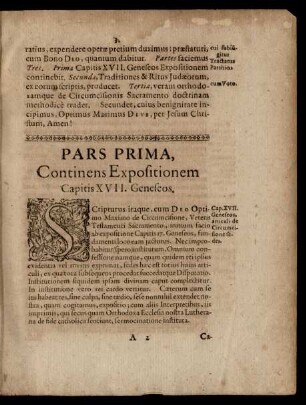 Pars Prima, Continens Expositionem Capitis XVII. Geneseos.