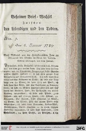 Geheimer Briefwechsel zwischen den Lebendigen und den Todten. Nro. 1