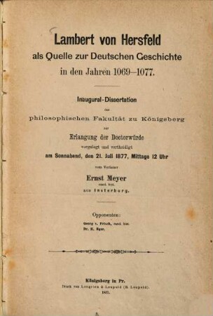 Lambert von Hersfeld als Quelle zur Deutschen Geschichte in den Jahren 1069- 1077