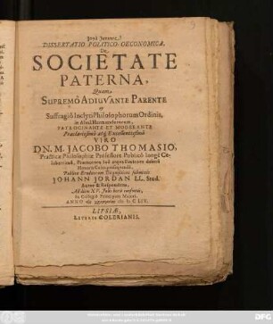 Dissertatio Politico-Oeconomica, De Societate Paterna