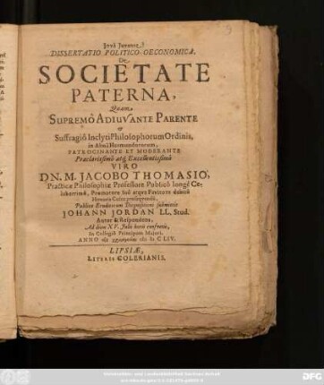 Dissertatio Politico-Oeconomica, De Societate Paterna