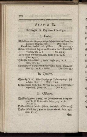 Sectio IX. Theologia et Physico-Theologia. [bis] Sectio XIV. Manuscripta magica et alia.