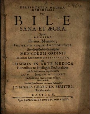 Dissertatio medica inauguralis de bile sana et aegra