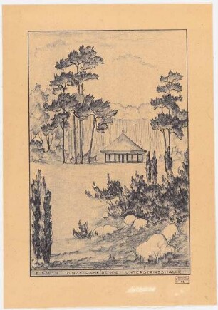 Erweiterungsplanung Volkspark Jungfernheide (Nordostteil), Berlin-Wedding: Perspektivische Ansicht mit Blick auf die Unterstandshalle, Stempel