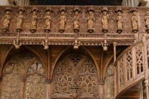 Frankreich. Bretagne. Finistere. Lambader. Chapelle Notre Dame. 15 Jahrhundert. Geschnitzter Lettner im Flamboyantstil. 1481