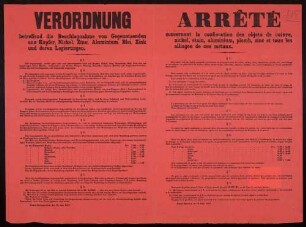 "Verordnung betreffend die Beschlagnahme von Gegenstaenden aus Kupfer, Nickel, Zinn, Aluminium, Blei, Zink und deren Legierungen."