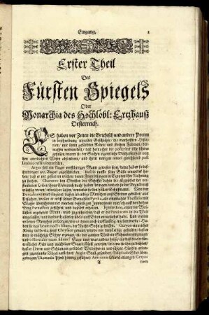 Erster Theil Des Fürsten Spiegels Oder Monarchia des Hochlöbl. Ertzhauß Oesterreich.