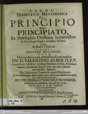 Disputatio Metaphysica De Principio Atqve Principiato