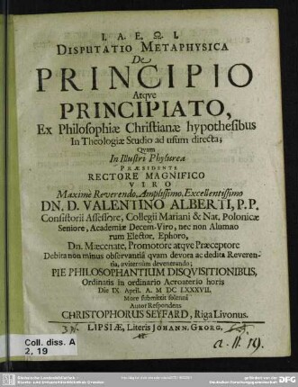 Disputatio Metaphysica De Principio Atqve Principiato