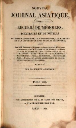 Nouveau journal asiatique : ou recueil de mémoires, d'extraits et de notices relatifs aux études orientales. 8, 8. 1831