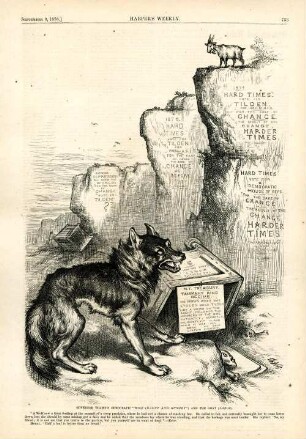 Governor Tilden's democratic wolf (gaunt and hungry) and the goat (labor). [Anschließend folgt ein Textblock] : ein hungriger Wolf, der die Demokratische Partei darstellt, versucht eine Ziege von einem Felsen herunter zulocken, um sie zu fressen