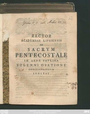 Rector Academiae Lipsiensis Ad Sacrvm Pentecostale In Aede Pavlina Solemni Oratione Concelebrandvm Invitat : [P.P. Lipsiae, in viviliis Pentecost. a. MDCCXLIIII.]