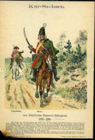Uniformdarstellung, Unteroffizier und Gemeiner der Husaren-Eskadron "Von Schill", Kurfürstentum Sachsen, 1763/1765.