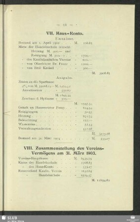 VIII. Zusammenstellung des Vereins-Vermögens am 31. März 1903