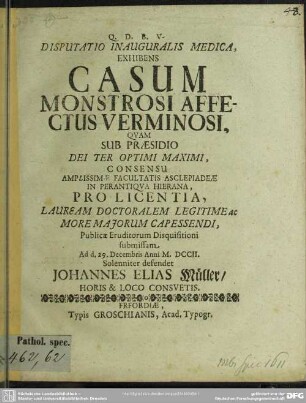 Disputatio Inauguralis Medica Exhibens Casum Monstrosi Affectus Verminosi