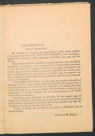 [Carta de Santiago H. Roca al autor Enrique Uzal]