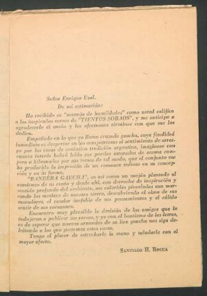 [Carta de Santiago H. Roca al autor Enrique Uzal]