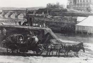 Dresden vom linken Elbufer unterhalb der Festungswerke : Dresden, Festungswerke, vierspänniger Planwagen, Bellotto-Gemälde