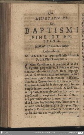 Disputatio XI. De Baptismi Fine Et Effectu