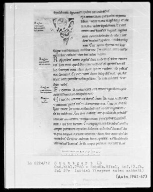 Bibel — Initiale V (espere autem sabbati), Folio 27 verso