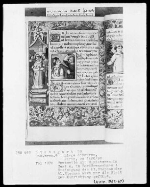 Lateinisches Stundenbuch (Livre d'heures) — Textseite mit zwei Miniaturen, Folio 107verso