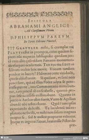 Epistola Abrahami Anglici Ad Clarißimi Virum D. Philippum Pareum De Terta Editione Plautina