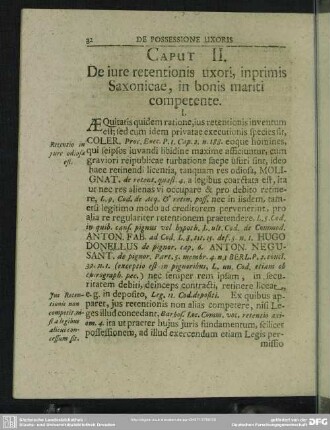 Caput II. De iure retentionis uxori, inprimis Saxonicae, in bonis mariti competente