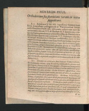 Membrum Prius. Orthodoxiam seu sententiam veram ex textu suppeditans.