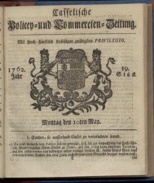 19. Stueck, Montag den 10ten May 1762