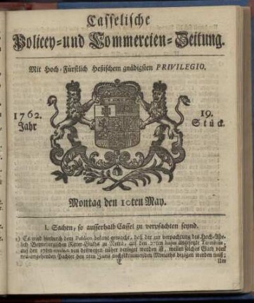 19. Stueck, Montag den 10ten May 1762