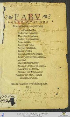 Fabularum Quae Hoc libro continentur interpretes atque authores