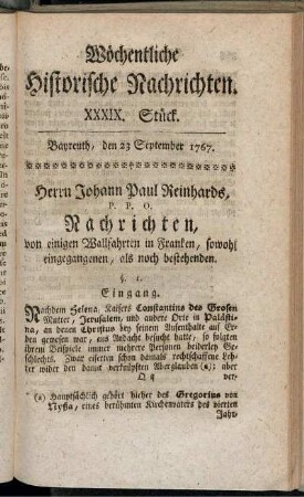 XXXIX. Stück. Bayreuth, den 23 September 1767.