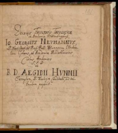 [...] Io. Georgius Nevmannus, [...] et B. D. Aegii Hunnii Exemplum [...] ad imitandum proponit