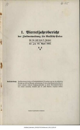 Erster Vierteljahrsbericht der Zivilverwaltung für Russisch-Polen