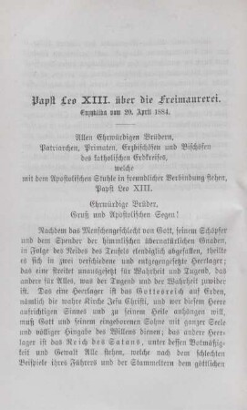 Papst Leo XIII. über die Freimaurerei. Enzyklika vom 20. April 1884.