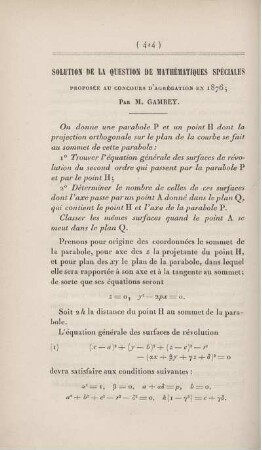 Solution de la question de mathématiques spéciales proposée au concours d'agrégation en 1876.