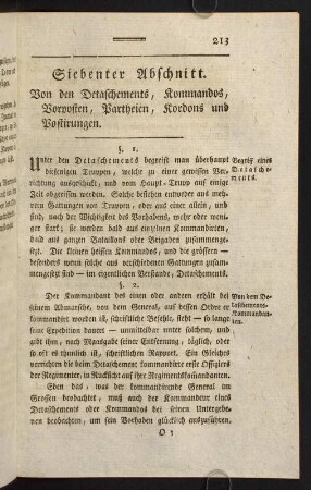 213-231, Siebenter Abschnitt. Von den Detaschements, Kommandos, Vorposten, Partheien, Kordons und Postirungen