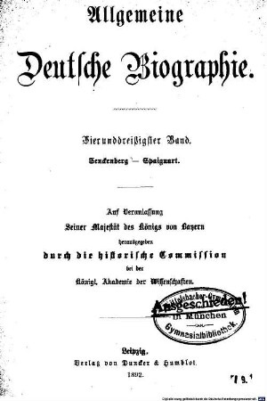 Allgemeine deutsche Biographie. 34, Senckenberg - Spaignart