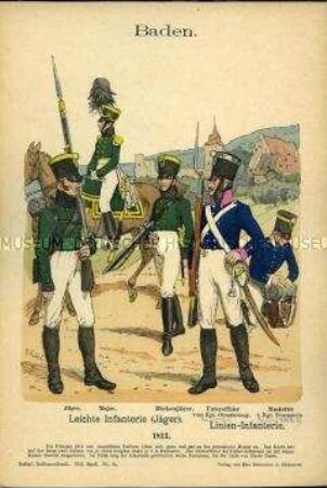 Uniformdarstellung, Jäger und Major der Leichten Infanterie, Unteroffizier und Musketier der Linien-Infanterie, Großherzogtum Baden, 1813.