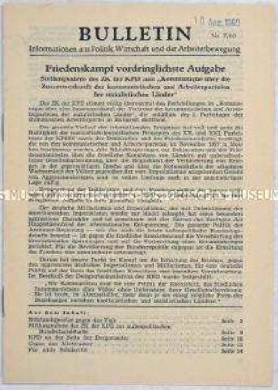 Illegales Informationsblatt der KPD "Bulletin" mit der Stellungnahme des Zentralkomitees zum Treffen der kommunistischen und Arbeiterparteien sozialistischer Länder in Bukarest