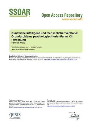 Künstliche Intelligenz und menschlicher Verstand: Grundprobleme psychologisch orientierter KI-Forschung