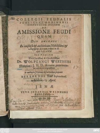 Collegii Feudalis Publici Et Ordinarii Disputatio Decima De Amissione Feudi