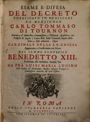 Essame e difesa del Decreto ... publicato da Carlo Tommaso di Tournon Card.