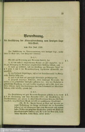 Verordnung, die Ausführung der Advocatenordnung vom heutigen Tage betreffend; vom 3ten Juni 1859