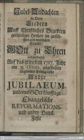 Jubel-Andachten in Drey Liedern