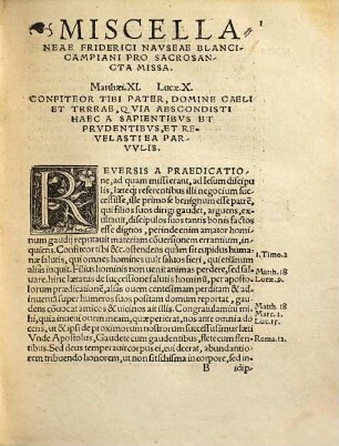 Friderici Navseae Blancicampiani Pro Sacrosancta Missa Adversvm Haereticos Et Schismaticos Miscellaneae