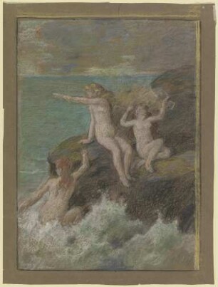 Drei nackte Frauen auf einem Felsen