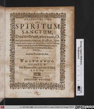 Anacreonticum Ad Spiritum Sanctum, Deum verum, aeternum ... sine cuius numine, nihil est in homine